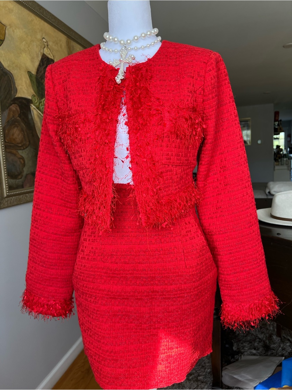 Endless Rose Red Feather Trim Tweed Crop Blazer & Mini Skirt Set Size Small $235 - Picture 2 of 16